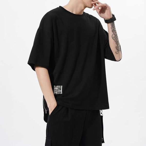 

streetwear cotton t-shirt half tee homme hip hop ribbons side-zipper short sleeve men t shirt kg-1298, White;black