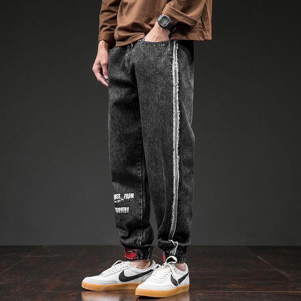 

plus size ripped side stripe men loose taper jeans pants 2021 new spring autumn casual mens pants male denim black trousers, Blue