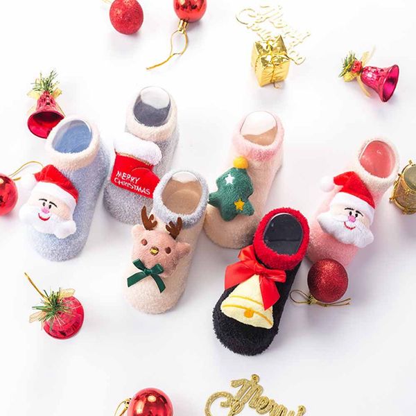 

for 0-12 months baby socks christmas snowman pattern anti-slip floor socks newborn winter warm infant cartoon girls boys, Pink;yellow