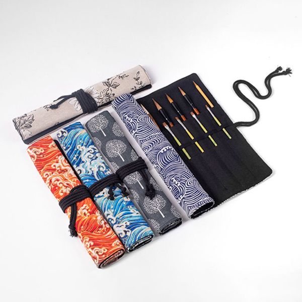 

20 holes large capacity canvas roll up pen curtain pencil bag makeup wrap holder storage pouch school supplies