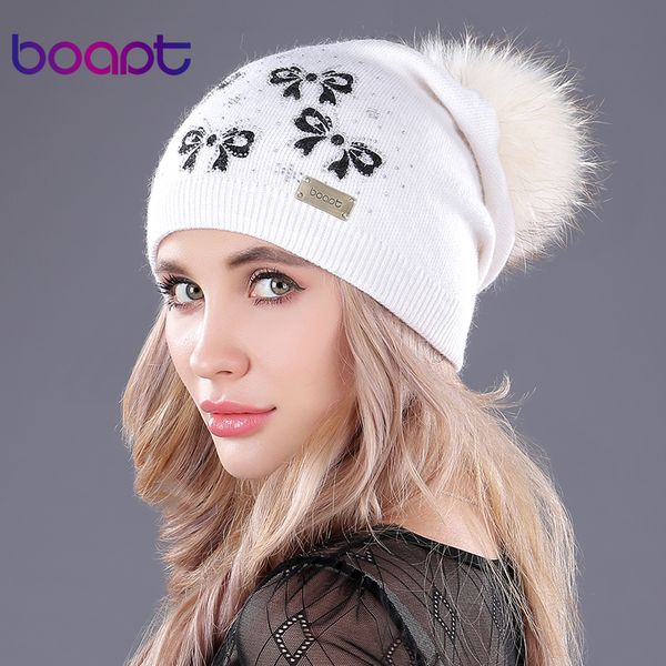 

boapt] bow knitted cashmere caps natural genuine raccoon fur pompons cotton soft women winter hats female gorros caps beanies, Blue;gray