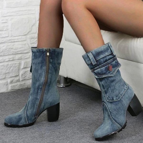 

adisputent nice autumn winter women boots zipper denim women round toe cowboy high heels shoes knee high boots botas mujer, Black
