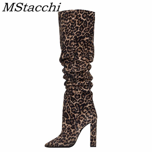 

mstacchi leopard pointed square heel women high heel boots 2020 new fashion mature madam shoes mujer vulcanizar los zapatos, Black