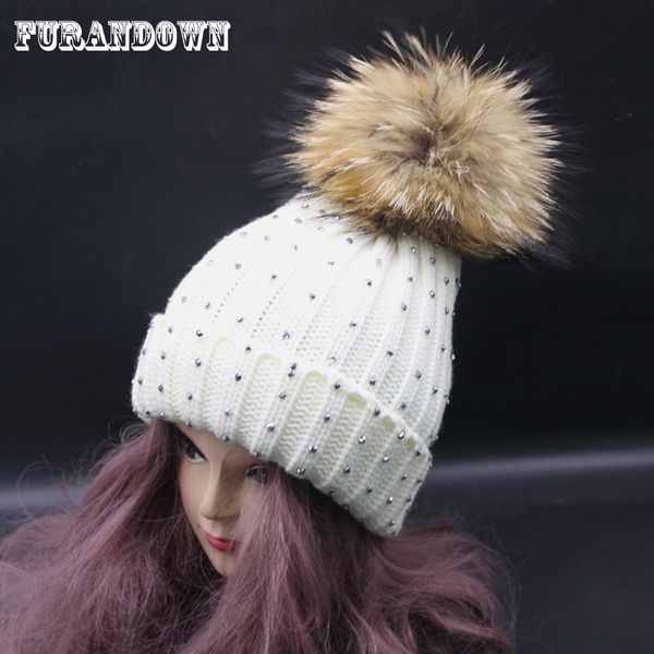 

2020 new fashion women winter rhinestone beanie hats big pompon beanie caps big 18cm real fur pompom hat for women, Blue;gray