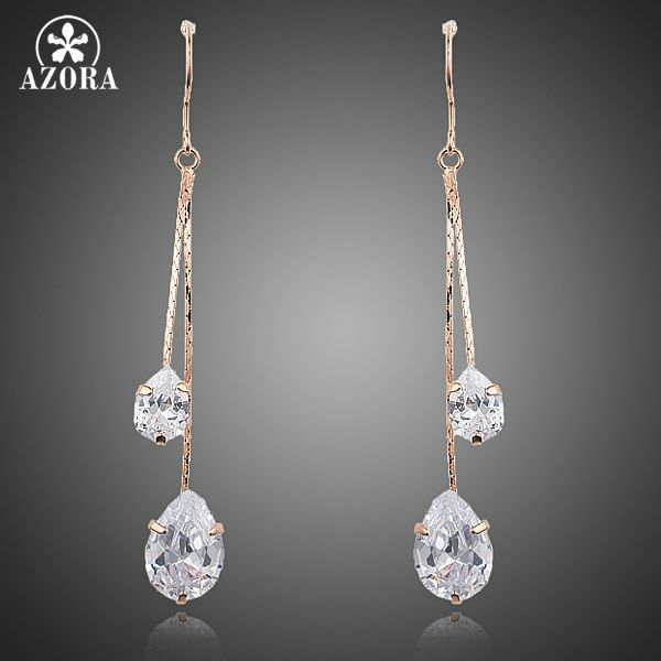 

azora dangling rose gold color 2pcs clear cubic zirconia water drop earrings women te0243, Silver