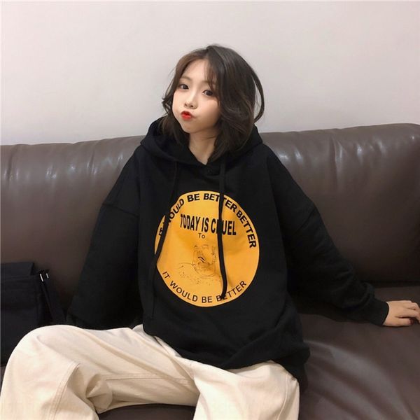 

2019 autumn and winter korean style new loose mid-length t-shirt women's fleece letter round neck hoodie sweater t-shirt sweater women, Black