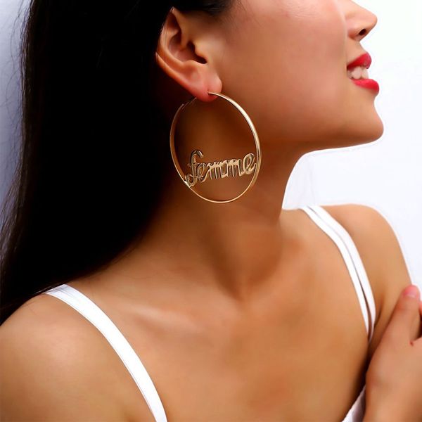 

lifefontier hollow old english letter big hoop earrings geometric femme baby letter circle earrings party statement jewelry, Golden;silver
