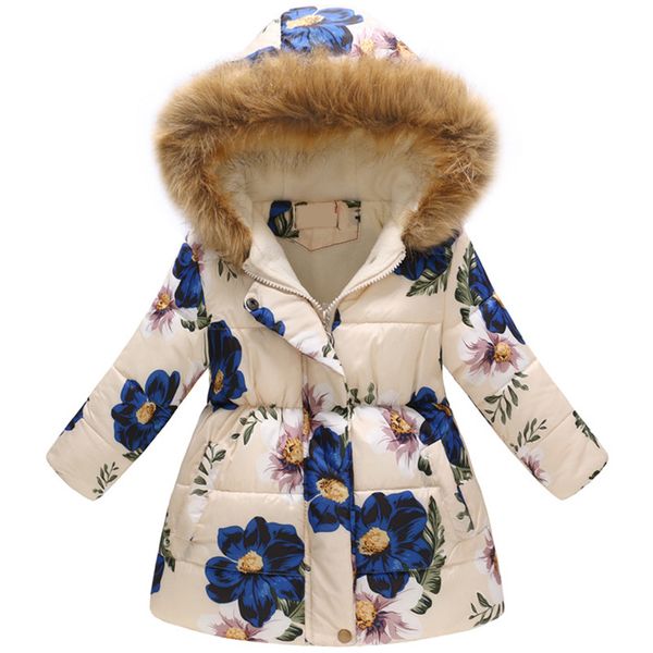 

new thickened multicolor winter girl jacket fashion printed hooded children wear plus velvet warm jacket christ, Blue;gray