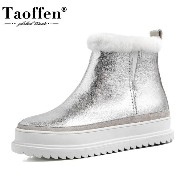 

taoffen натуральная кожа женщина снег сапоги мода теплый fur высокий каблук зимняя обувь женщина плюшевый платформа короткие ботильоны разме, Black