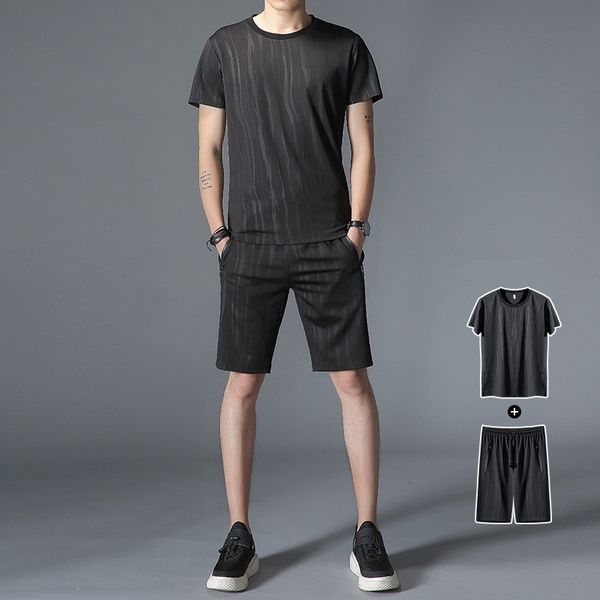 

running sets 2021 summer men's short sleeve casual sports suit slim jogging training breathable fitness, Black;blue