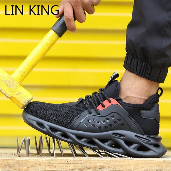 

обувь lin king работа безопасности для мужчин весна осень дышащих сапог стали toe anti-smashing строительства тапки женщин плюс размера, Black