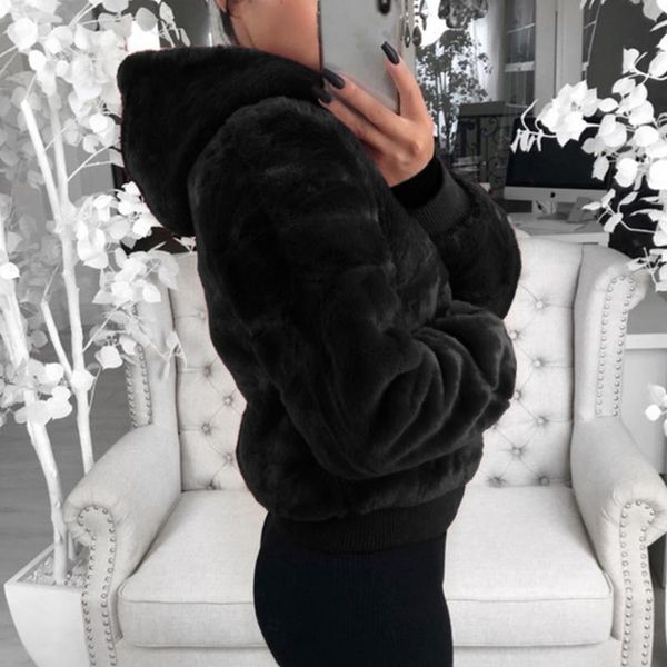 

faux fur coat women with hood oversize coats high waist female slim fit overcoat winter warm plush jackets outwear, Black