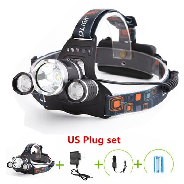

new rj-3000 1t6 2xpe 3 led headlight headlamp head lamp light 4mode torch 2x18650 battery eu/us/uk car charger for fishing lights