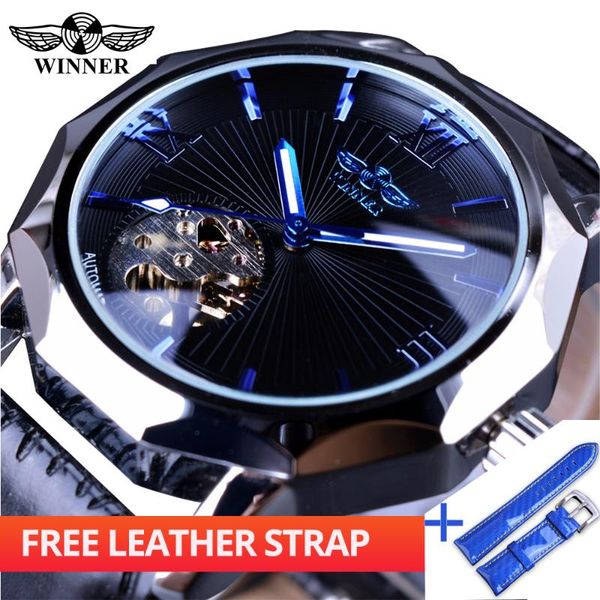 

wristwatches winner watch + band set combination blue ocean geometry transparent skeleton men automatic fashion mechanical clock, Slivery;brown