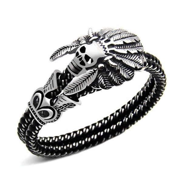 

fashion jewelry double leather bracelet casual personality rock punk titanium steel skull bracelet for men 2018 new in stock, Golden;silver