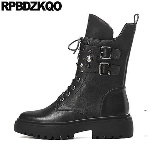

combat muffin harajuku short black shoes platform lace up side zip boots flatform women mid calf creepers round toe