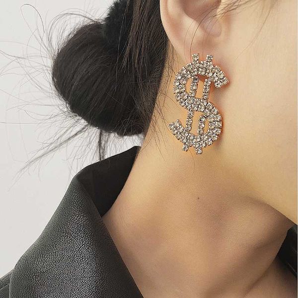 

hoop & huggie amorcome bling shiny rhinestone dollar crystal charms drop earrings for women party statement fashion jewelry, Golden;silver