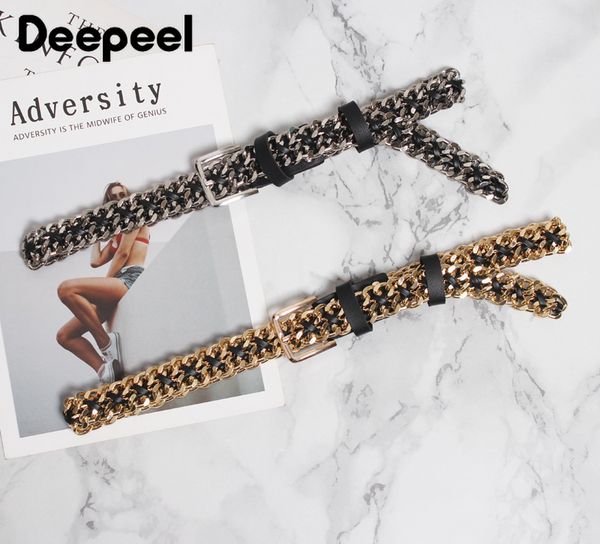 

deepeel 1pc 2.5cm*95cm women metal chain cummerbunds black pu silver gold chain fashion fine girdle for jeans sweater suit cb617, Black;brown