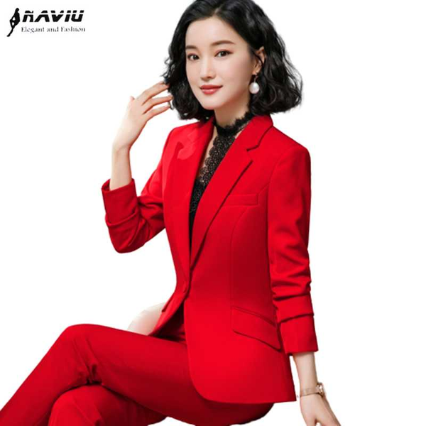 

red business pants suits women fashion temperament foraml slim long sleeve blazer and pants office ladies high-end overalls, White