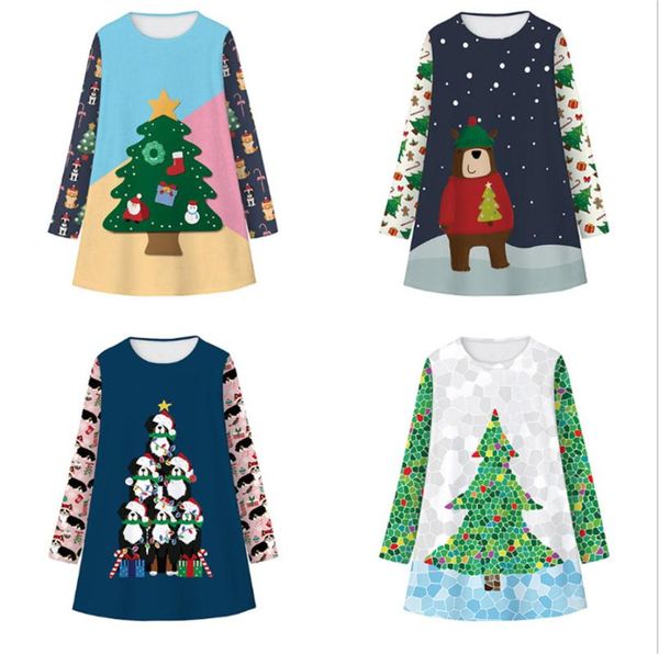 

2020 new style christmas bear digital print kids long sleeve dress cute fashion girls, Red;yellow