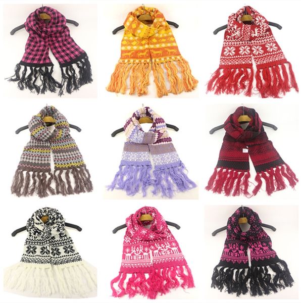 

winter warm knit scarfves kids christmas snowflake printed woolen scarf jacquard weave neckerchief warm wraps cloak outdoor sacrf d91007, White