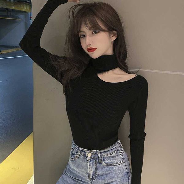 

2020 xinlu clavicle sweater women fall/winter high neck tight-fitting long-sleeved pullover thin knit bottoming shirt women, White