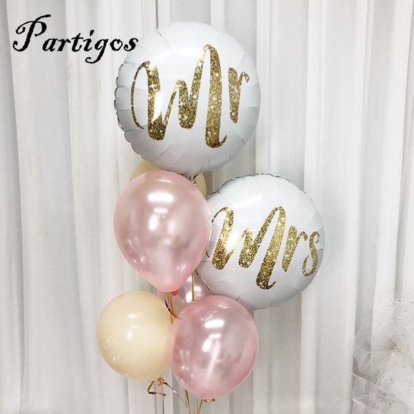 

party decoration 2pcs 18inch round white gold glitter print mr&mrs love balloons bride marriage wedding valentine's day event air globo