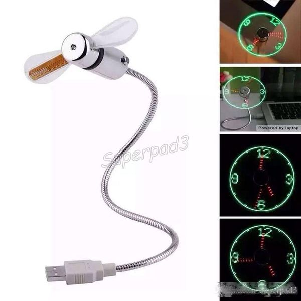 

new flexible gooseneck mini usb powered led cooling flashing real time display function clock green led mini fans for lapcomputer dhl
