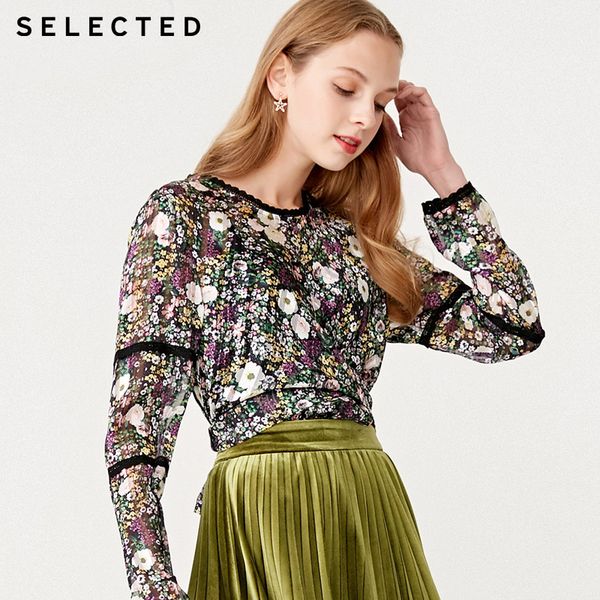 

selected women's lace splice floral round neckline long-sleeved | 419151502, White