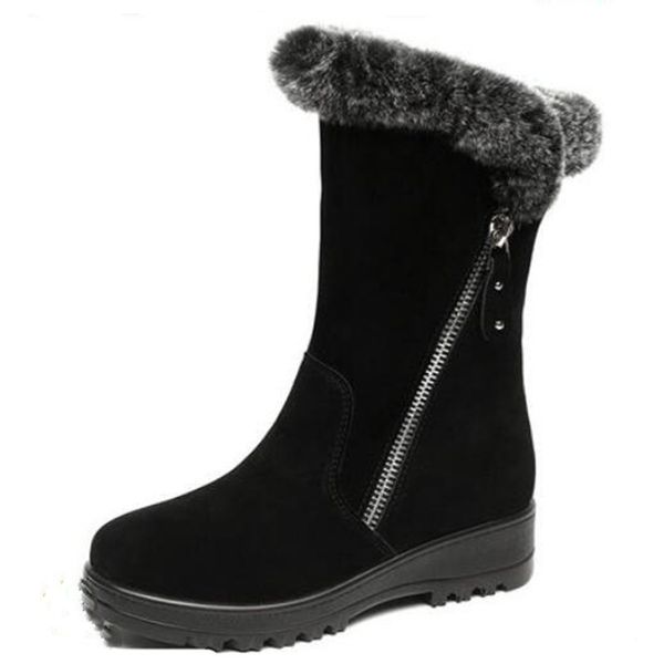 

new hair matte cowhide leather boots in-tube snow boots women fashion non-slip flat winter shoes women, Black