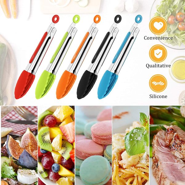 Pinças de silicone de 7 polegadas para cozinha com pontas de silicone pequenas pinças para servir em aço inoxidável para saladas, grelhar, fritar e cozinhar