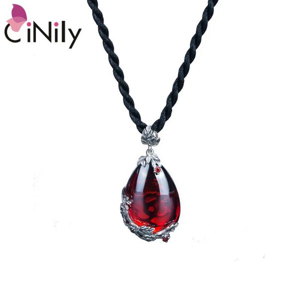 

cinily large natural stone necklaces & pendants solid silver plated oval red garnet black thread vintage woman jewelry