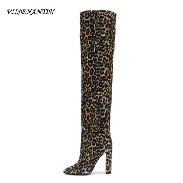 

2020 trendy women's catwalk snake crocodile leopard print fashion sleeve knight boots high heel pointed toe over knee large size, Black