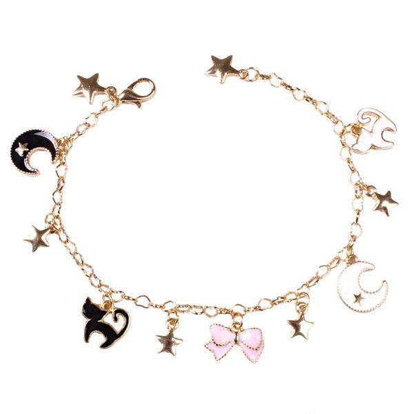 

japenese sailor moon stars moon bowknot angel wing bracelets cute black cats pink sakura flower charms bracelet for kids women, Golden;silver