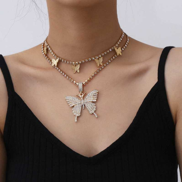 

layered butterfly necklace women jewellery chains necklaces for women chain choker butterfly pendant statement fashion jewelry, Golden;silver