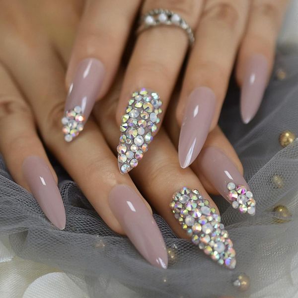 

dark nude luxurynails crystals decoration extra long faux ongles stiletto custom press on fingernails for party wedding, Red;gold