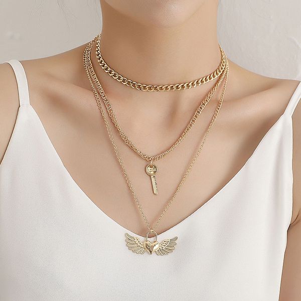 

pendant necklaces vintage multilayer thick chain key angel wing heart necklace women temperament geometric clavicle jewelry gift, Silver