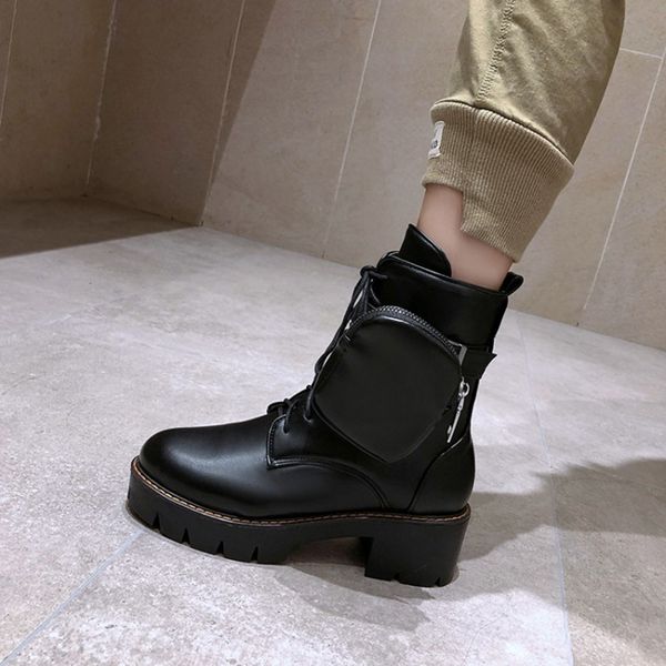 

boots womens designer chunky fashion pocket platform zip lace up female sole pouch ankle women botas mujer 1079-1, Black