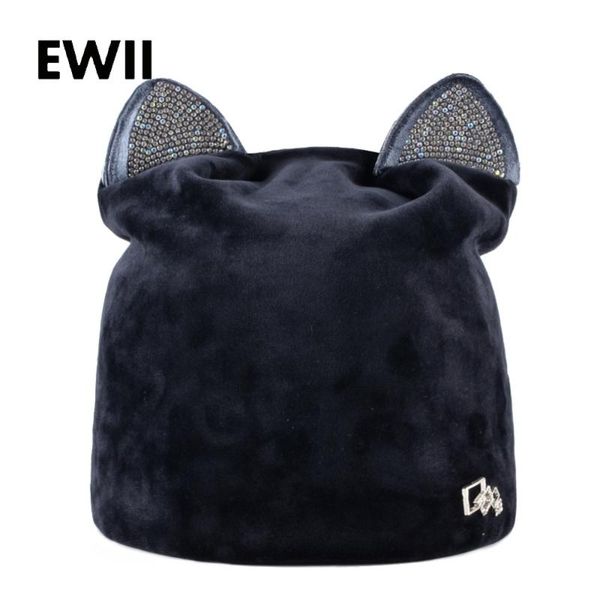 

горный хрусталь шапочка шапки с ушами skullies женщины осенью зимних шапками для дамы моды шапочки кошки шлема женщин вскользь бархатные шап, Blue;gray