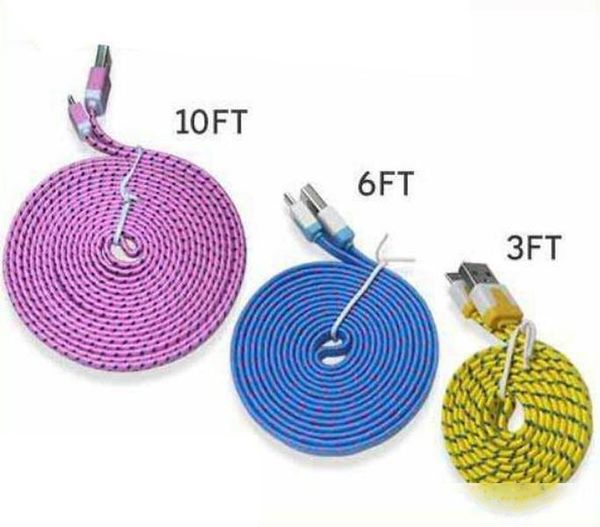 

10ft 6ft 3ft noodle flat braid charging cord sync fabric type-c micro wire usb data cable line samsung s8 s7 huawei