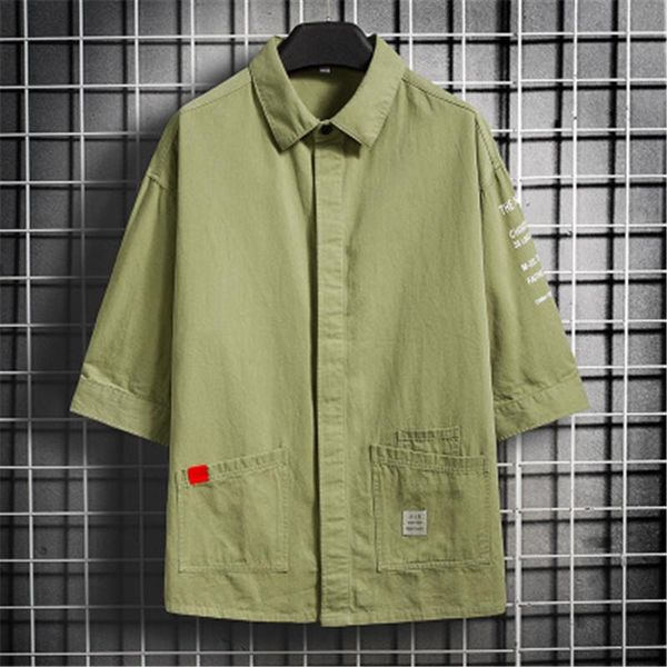 

man half sleeve shirt fashion korean version loose single breasted summer designer male short sleeve casual solid color shirt coats, White;black