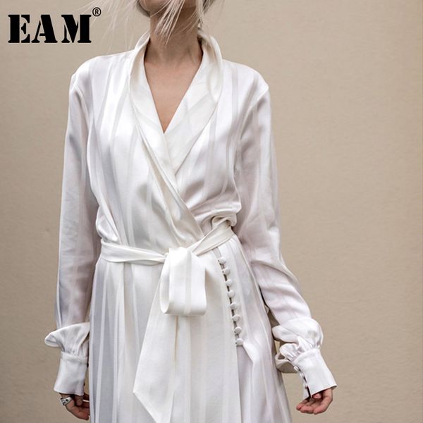 

eam] women striped bandage temperament long trench new v-collar long sleeve loose fit windbreaker fashion spring 2020 lc130, Tan;black