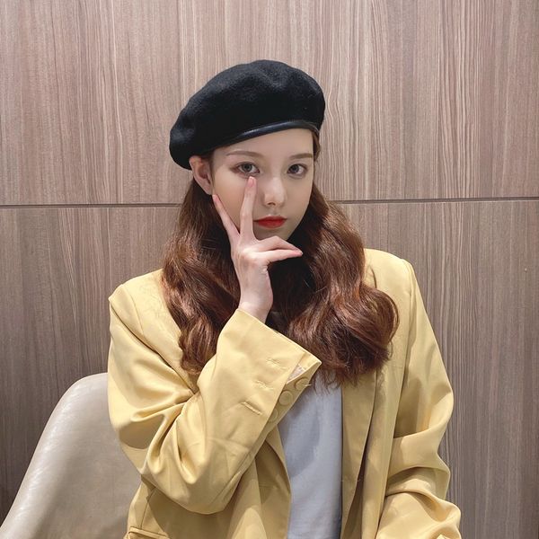 

stingy brim hats leather edge wool beret autumn winter korean japanese british retro painter hat women wide for, Blue;gray