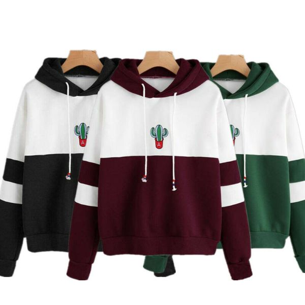 

new women hoodies sweatshirt cactus print ladies contrast color pullover long sleeve casual jumper hooded dropshipping, Black