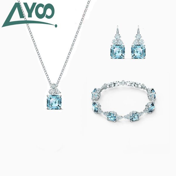 

ayoo высокого качества 2020 нового очарование дикого синего квадрата кристалла форма женщина ожерелье браслет серьга комплект ювелирных изде, Silver