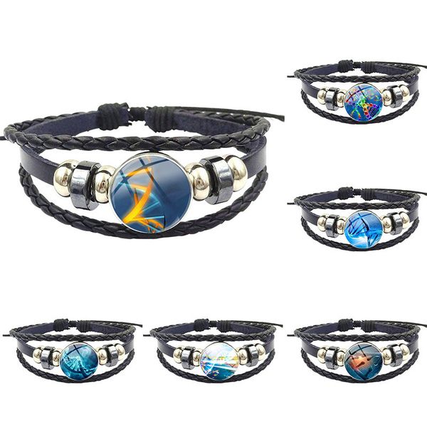 

charm bracelets science dna for women party retro style jewelry with plated glass cabochon black leather bracelet bangle, Golden;silver