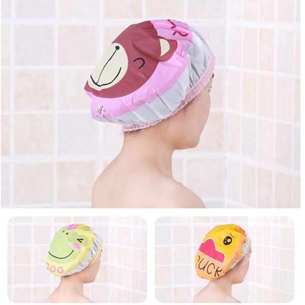 

cute cartoon shower bath cap hat for baths and saunas lace elastic band cap spa women kids hair protective