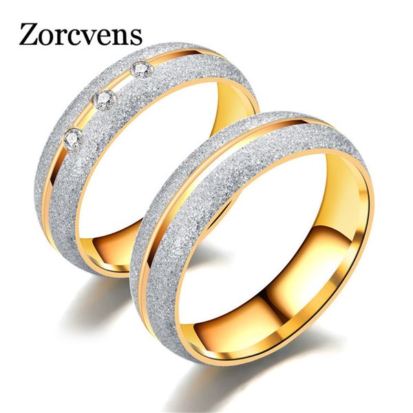 

cluster rings zorcvens couple engagement ring for women men sand blasted gold-color stainless steel cz wedding jewelry, Golden;silver