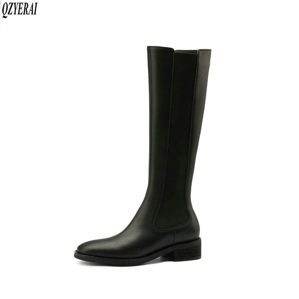 

2021 winter new style genuine leather knee high boots women boots motorcycle female warm women shoes, Black