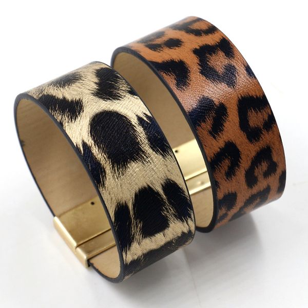 

b2302 zwpon pu leather leopard cuff bracelets magnet wide animal print cheetah magnetic bangles punk jewelry wholesale, Golden;silver